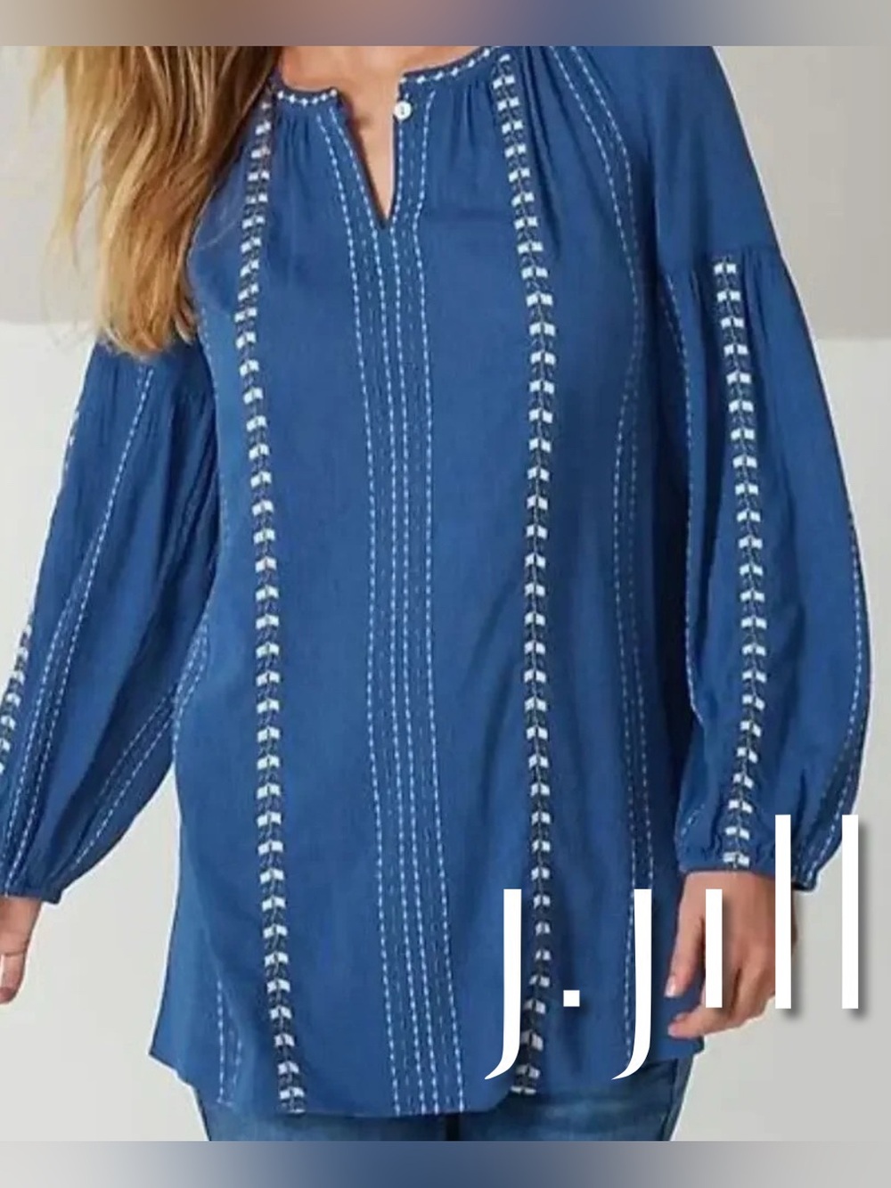 J. Jill Blue Cotton Blend Embroidered Long Sleeve Tunic MP
